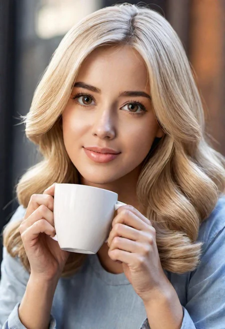(masterpiece)
a beautiful blond girl drinking coffee,
coffe shop background,
HDR, 8k, trending on artstation,
