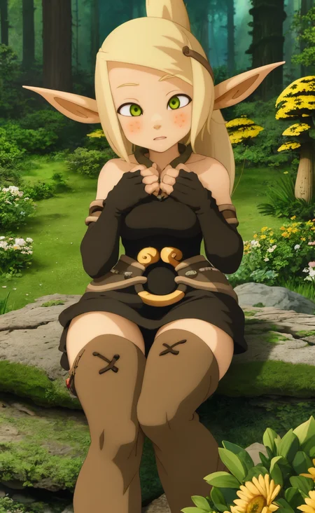 best quality, masterpiece, focused, evangelyneyoung, elves ears, green eyes, nature, blonde hair, 1girl, black hair, boots, sitting on rock, rock, root, mushroom, good hands, flowers, detailed eyes, good eyes, detailed hands, 5fingers, 4k, high quality, from above, sunny, sun, forest background <lora:evangelyneWakfu_v10:1>