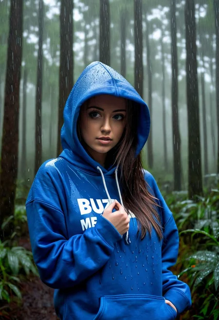Pretty girl wearing a blue hoodie in the rain, forest, hoodie has white text, "BUZZ ME"