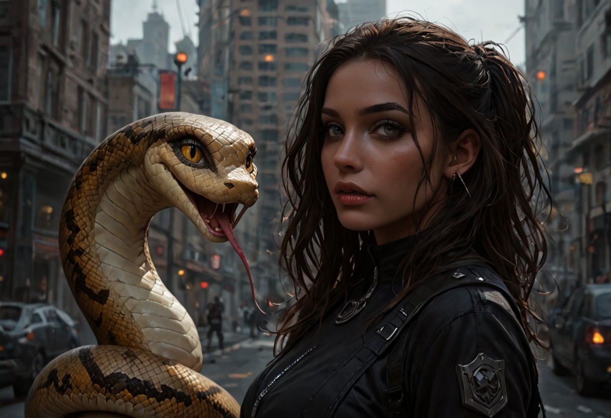 score_9, score_8_up, score_7_up, best quality, fine detail, 1girl, solo, (she has snakes for arms), (snake_hybrid), in a futuristic sci-fi city, visually interesting, vivid colors, dark shadows, highest quality,