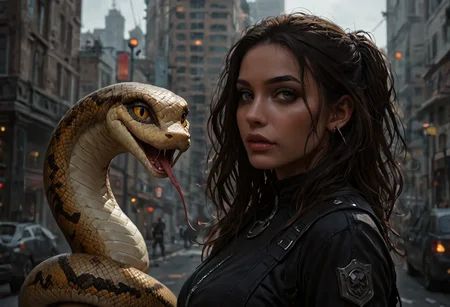 score_9, score_8_up, score_7_up, best quality, fine detail, 1girl, solo, (she has snakes for arms), (snake_hybrid), in a futuristic sci-fi city, visually interesting, vivid colors, dark shadows, highest quality,