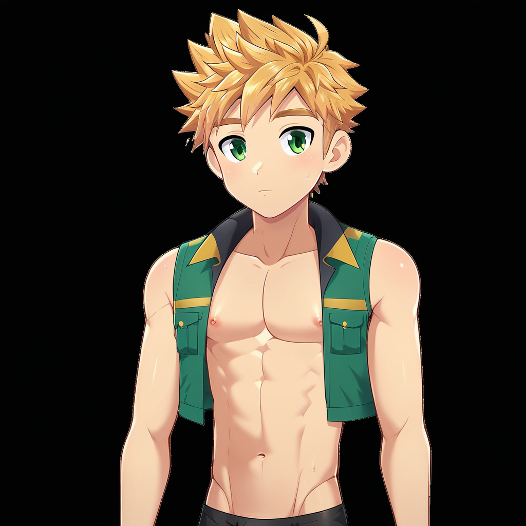 solo focus, blond hair, green eyes, male, , shirtless, crop jacket, solo, 1boy, short hair, spiky hair, black shorts