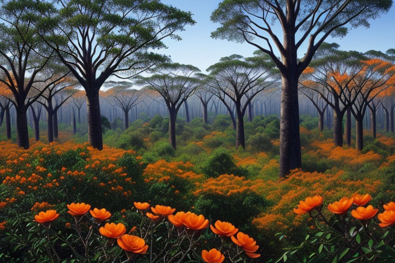 ((overlooking an exotic alien landscape)), ((jungle with trees that have blue leaves)), ((trees have only blue leaves)), jungle landscape with blue trees, (((on top of trees are orange flowers))), ((blue leaves tree tops have orange flowers)), towering trees