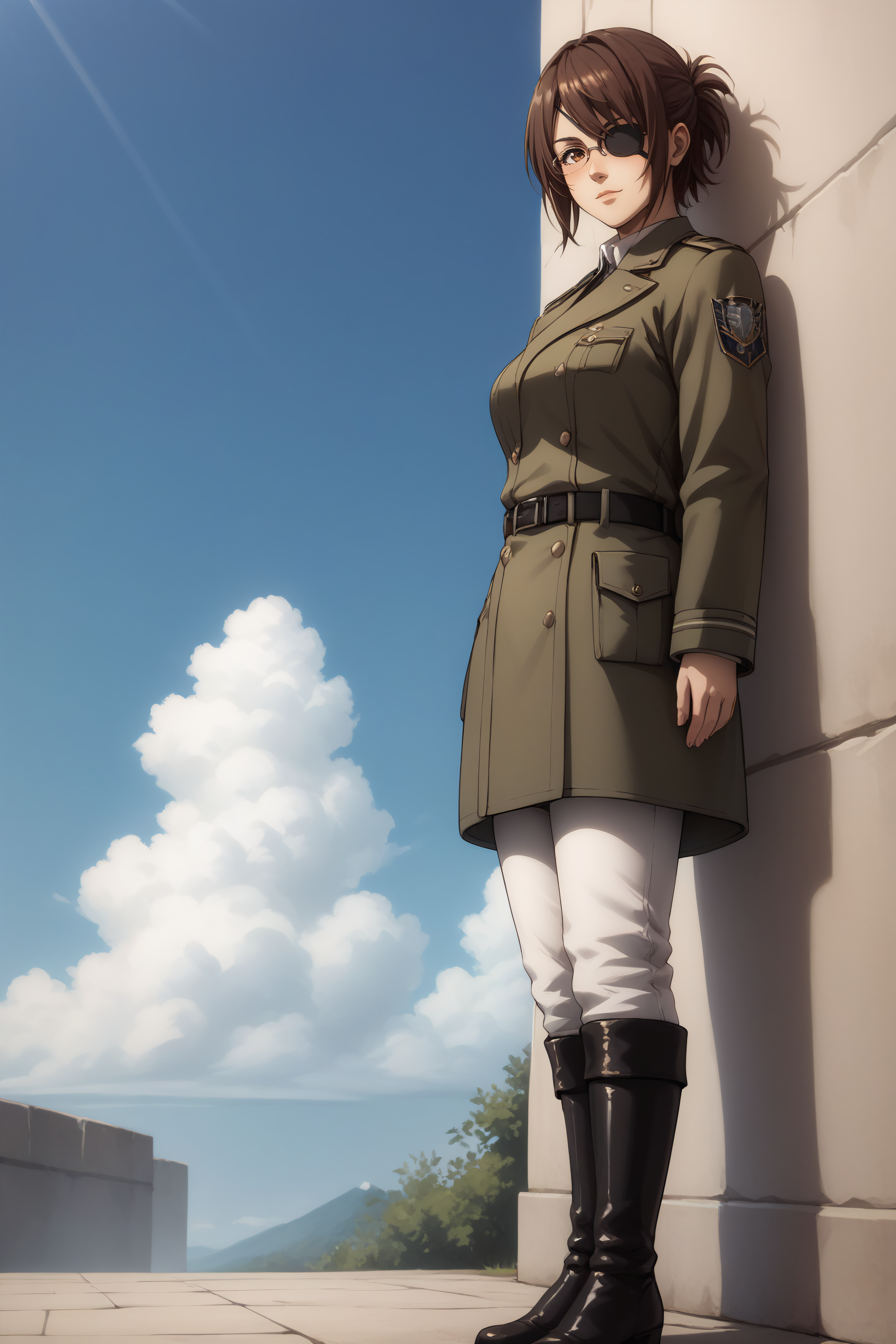 score_9, score_8_up, score_7_up, BREAK source_anime, <lora:hange zoë-PonyXL-lora-Faxtron:0.8> hange, glasses, brown eyes, dark brown hair, medium breasts, eye patch, military overcoat, survey corps \(emblem\), white shirt, white pants, knee boots, standing,