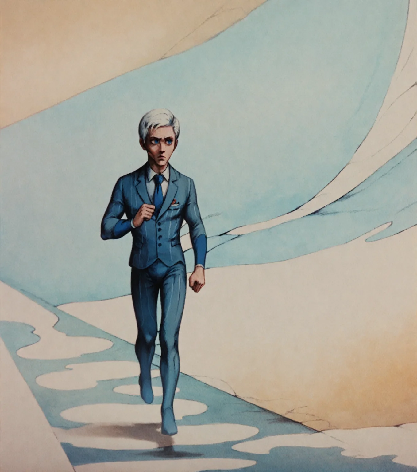 <lora:fantaplanet_pony_v1:1> a frame from "fantastic planet \(1973\)", surreal,abstract, <lora:Whitley_SchneeRWBY_Pony:1> (whitleyschnee running:1.1) , 1boy, blue eyes, white hair, necktie, male focus, formal, score_9, score_6_up, score_7_up