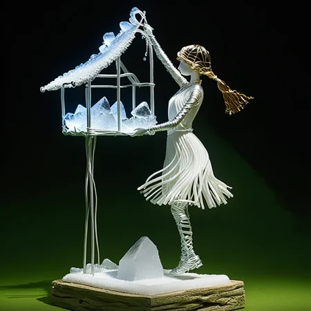 wire art, A young girl holding the ice in the water of the glacier, dressed in white, with a hut next to her.<lora:éä¸èºæ¯:0.7>