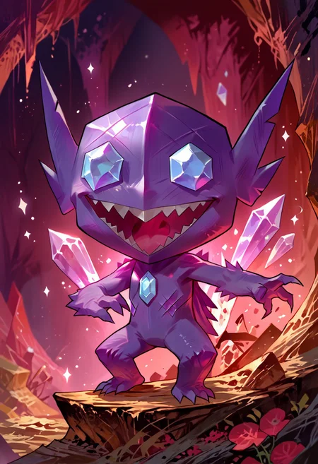 score_9, score_8_up, score_7_up, (source_anime, rating_safe), solo,  (slimes_sableye, chibi body), ( wide smile, open mouth), (cave, glowing rocks, crystals), (detailed image, high resolution, 5k resolution:1.0), (chibi art style:1.1)