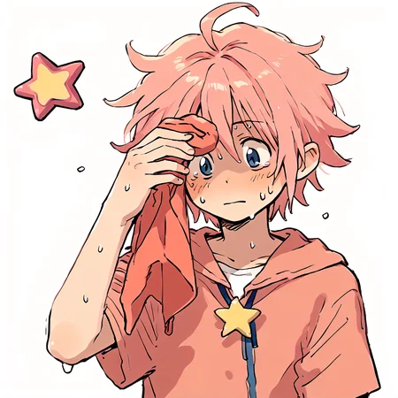 <lora:Kirby_Gijinka:1> pink hair, solo, blue eyes, 1boy, short hair, star (symbol), ahoge
<lora:SweatingTowelGuy_XLPD:0.8> SweatingTowelGuy, sweat, towel, wiping sweat