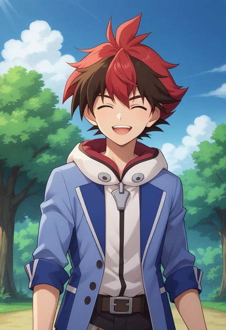 score_9, score_8_up, score_7_up, source_anime, highly detailed,
hiroryuga, 1boy, male focus, red hair, solo, multicolored hair, upper body, jacket, pants, looking at viewer, belt, two-tone hair, brown hair, standing, blue jacket, spiked hair, hood, black pants, closed eyes, open mouth, smile.
outdoor, sky, clouds, tree