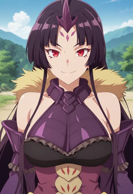 masterpiece,best quality,amazing quality, wridra, red eyes, long hair, dark purple hair, 1girl, solo, looking at viewer, smile, anime coloring, bare shoulders, forehead mark, facial mark, outdoors, detached sleeves, day, closed mouth, sky