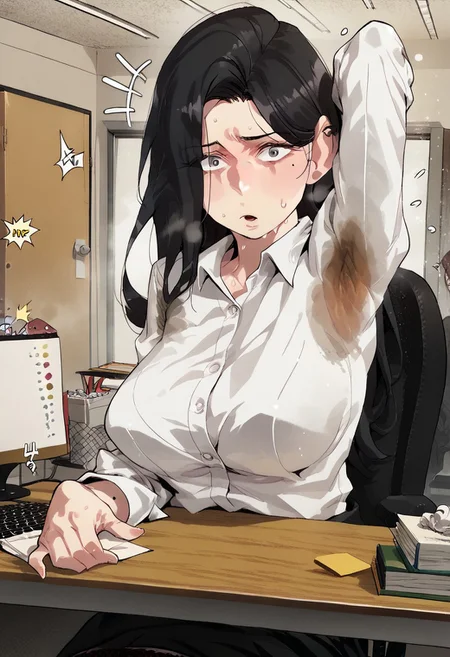 zPDXL2, score_9_up, score_8_up, score_7_up, froma above, sit on her desk, office, pc, tired, she is suffering from the heat, disconfrot, (Anime_source), high detail face, best quality, absurd res, 1girl, RaheeDo, gray eyes, black hair, long hair, mole under eye, mole under lips, office clothes, white shirt with long long sleeves, cowboy shot, (big breasts:1.4), sweaty:1.2, , hands down on the desk, , peeking sweat stain under armpit., steamy:1.2, surprised, lookign at viewer,
