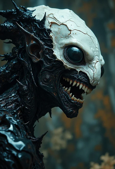 Off-center composition, right-aligned dynamic composition, an other wordly white alien like monstrous creature, erotic female, black glossy fractal skin leather texture, deap sea, slimey, teeths, black eyes, cinematic film still  . shallow depth of field, vignette, highly detailed, high budget, bokeh, cinemascope, moody, epic, gorgeous, film grain, grainy