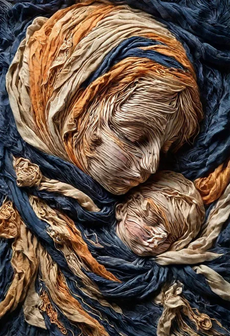 RAW closeup photo, sleeping baby, macro shot,( dark blue, orange, gold, embroidery scarf), masterpiece, colorful details, golden threads embroideries, award winning, high detailed, 8k, natural lighting, analog film, amazing composition, intricate details, subsurface scattering, vellus gold hairs, amazing textures, soft light