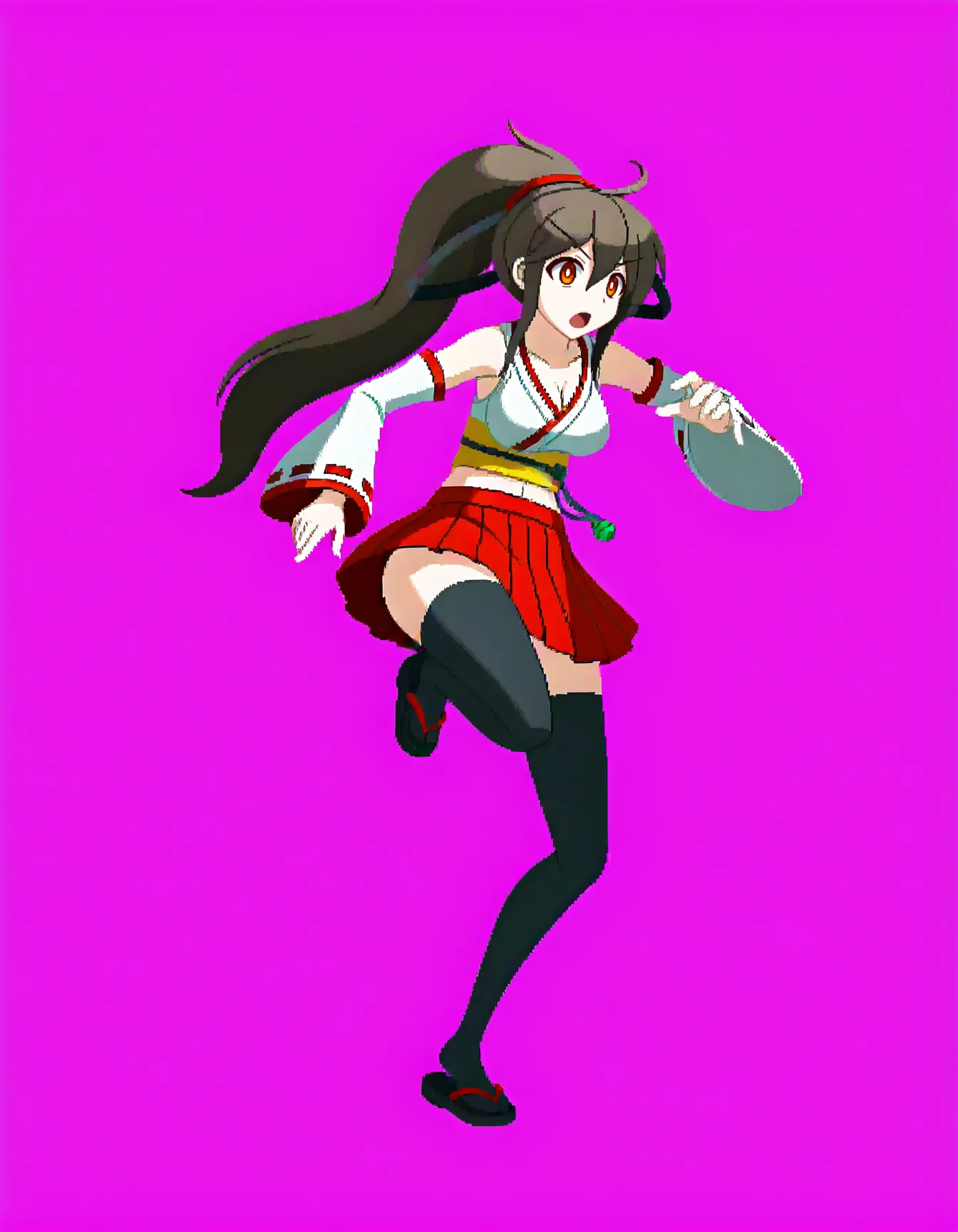 1girl, 
solo, cchiyome, long hair, brown eyes, midriff, cleavage, large breasts, fight pose, casting spell, navel, detached sleeves, black thighhighs, skirt, red skirt, pleated skirt, japanese clothes, newest full body, pixel art, simple background, breasts, standing on one leg, thighhighs, leg up, ahoge, ribbon-trimmed sleeves, long legs, standing, open mouth, ribbon trim, bare shoulders, wide hips, brown hair, headgear, looking at viewer, miniskirt,
masterpiece, best quality, very aesthetic, absurdres
 <lora:Chiyome_NBXL:1> <lora:NoobV065sHyperDmd:1> <lora:Dengeki_Bunko-illus_Fp:1>