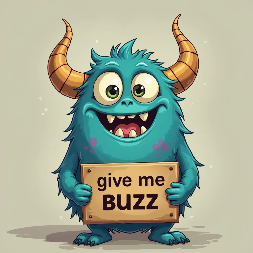 cute monster holding a sign say "give me buzz"