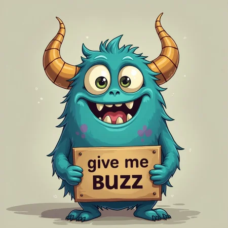 cute monster holding a sign say "give me buzz"