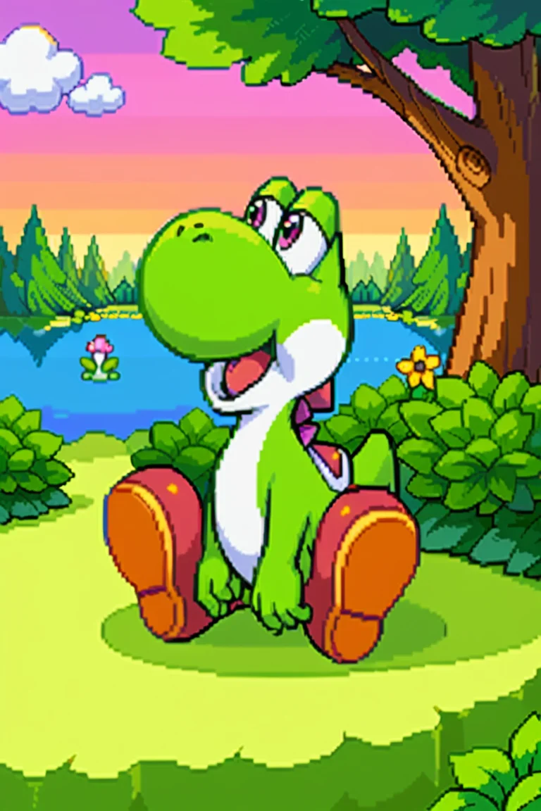 good quality, high quality,score_9, score_8, good anatomy, score_8_up, score_7_up, tetris attack style, pixel art, thick outlines:1, solo, no humans,, full body, male focus,1boy, yoshi, happy, open mouth, sitting, dynamic angle, yoshi from super mario, nature, trees, rocks, lake, flowers, sunset