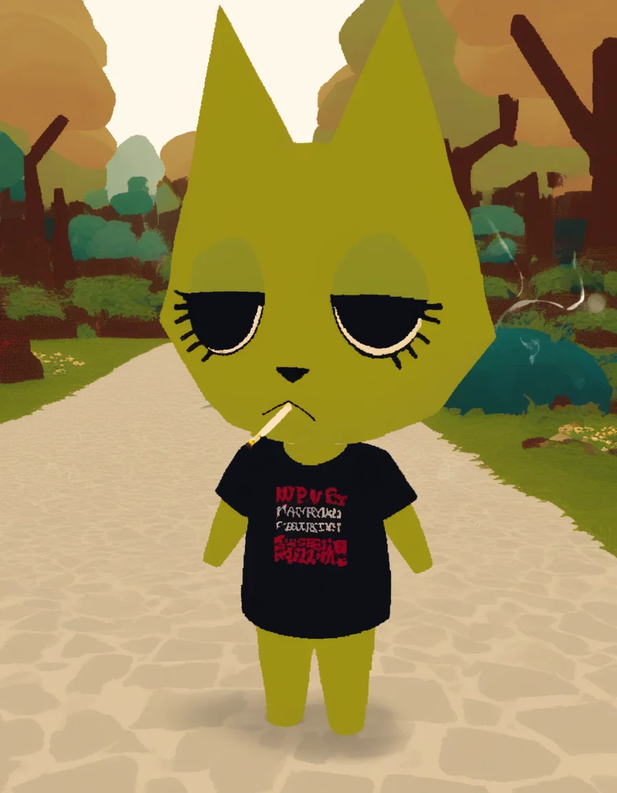<lora:WebfishingTest2:1>, score_9, score_8_up, score_7_up, score_6_up, score_5_up, source_furry, BREAK
Webfishing, anthro, lowpoly, screenshot, 1boy, male focus, cat, green fur, cigarette, smoking, standing, forest background, black T-shirt, eyelashes, :3, ":3" face,