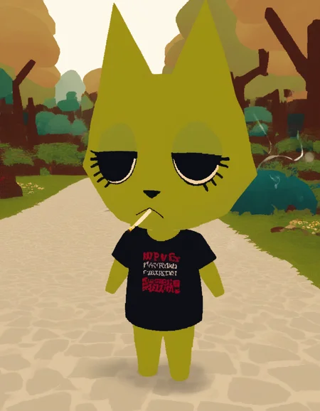 <lora:WebfishingTest2:1>, score_9, score_8_up, score_7_up, score_6_up, score_5_up, source_furry, BREAK
Webfishing, anthro, lowpoly, screenshot, 1boy, male focus, cat, green fur, cigarette, smoking, standing, forest background, black T-shirt, eyelashes, :3, ":3" face,