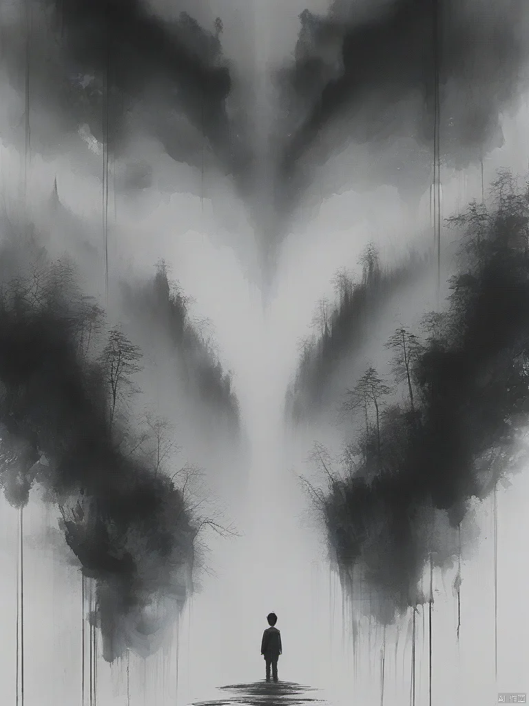 ananmo, monochrome, solo, greyscale, grey background, abstract, white background, surreal, 1boy, ananmo