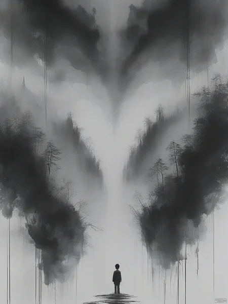 ananmo, monochrome, solo, greyscale, grey background, abstract, white background, surreal, 1boy, ananmo