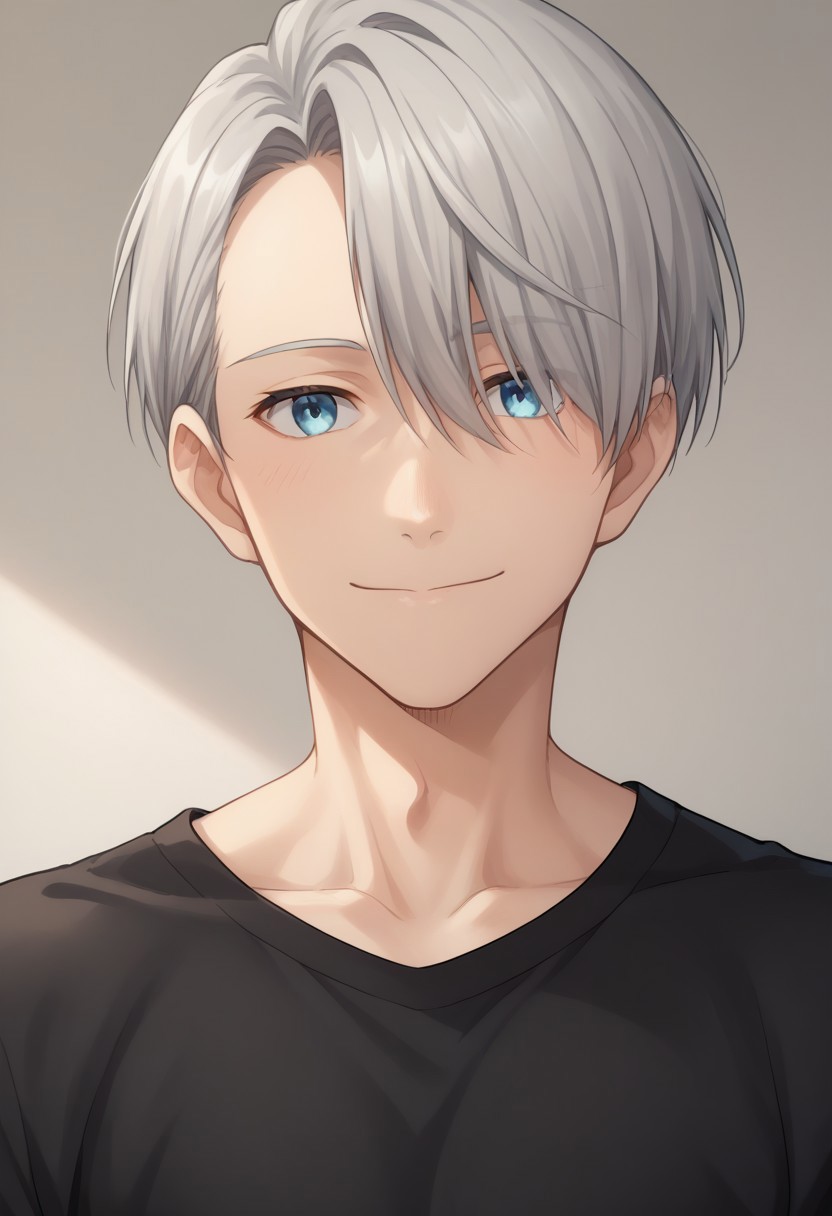 score_8_up, score_7_up, source_anime, highly detailed, 
viktornikiforov, 1boy, male focus, blue eyes, solo, upper body, grey hair, smile, hair over one eye, shirt, black shirt, long sleeves, collarbone,