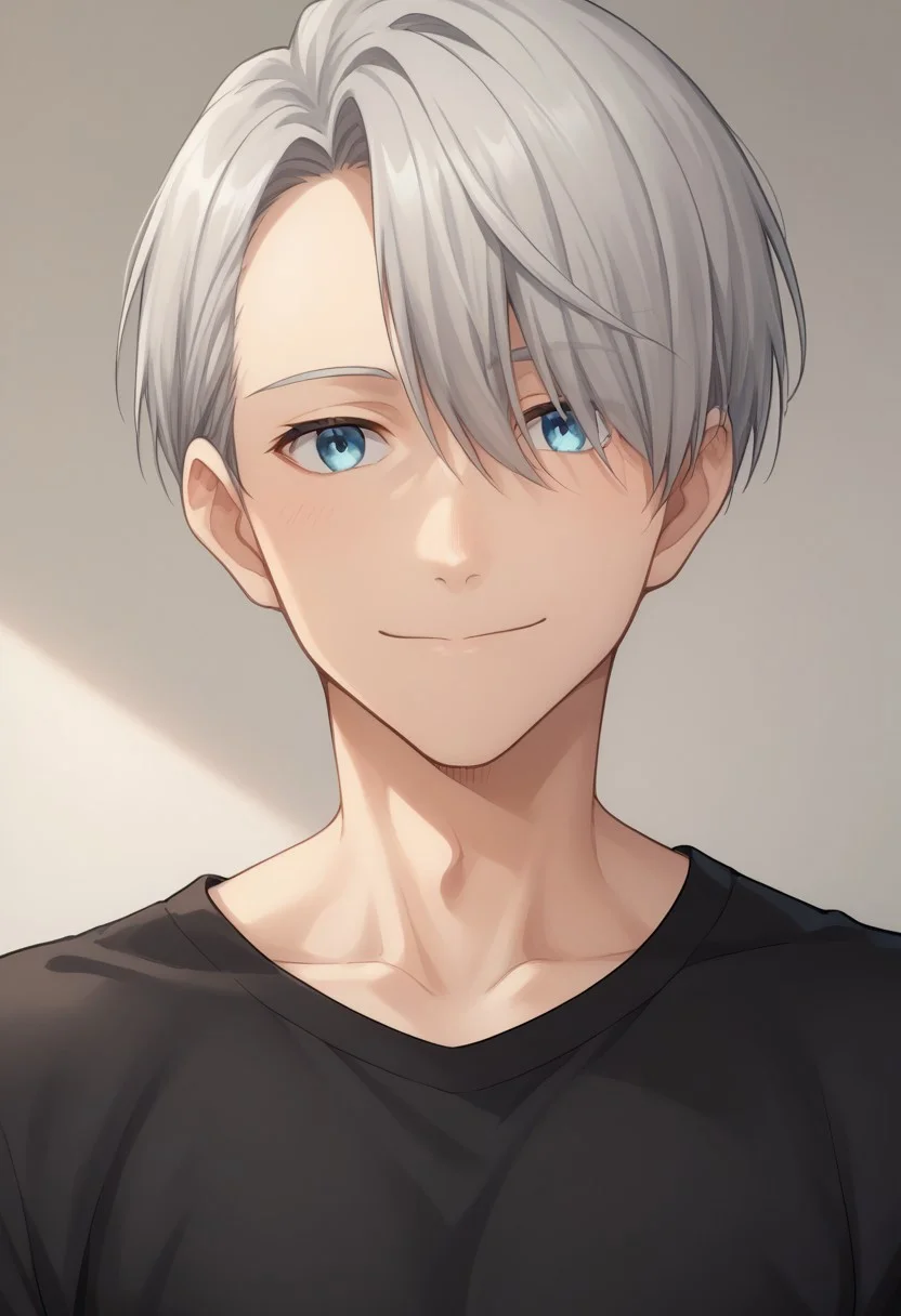 score_8_up, score_7_up, source_anime, highly detailed,
viktornikiforov, 1boy, male focus, blue eyes, solo, upper body, grey hair, smile, hair over one eye, shirt, black shirt, long sleeves, collarbone,
