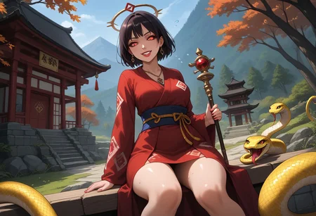 score_9,score_8_up,score_7_up,score_6_up,score_5_up,1girl, yasaka_kanako,touhou,purple_hair,red_eyes,curvy,goddess, tall_female,(fangs),scales,(slit pupils),(makeup),(purple_lips), lipstick,black_sclera,glowing eyes,thick_eyebrows,beautiful, source_anime,symmetrical,holding_wooden_staff,red_shirt, (long_sleeves),(blue_skirt),(long_skirt),(short_hair),(orbs:1.6), (long_tongue),(earrings),rope,beaded_bracalets,(rope_sash), mirror,mirror_necklace,(amulet),(rope_necklace),black_skirt,(diamond_print:1.4),(jewelry:1.4),(tattoos:1,4),(wide_hips),4k, (thick thighs),(thick legs),outdoors,rope_bridge,forest,shrine, japanese_garden,japanese_shrine,moss,mountains,autumn, (stalagmite:1.4),statue_komainu,(cliff),(falling_autumn_leafs),(leafs),(gemestone:1.2),(gold_snake_ornaments),gems,spine, (thorny_forest),impact_onomatopoeia,(wooden_signal),(wide shot),(dynamic_pose),aura,glowing aura,halo,(snake_hybrid), (perfect hands),(hand_sign),(motion lines:1.4),(sweat:1.4),(??),(trembling lines:1.4),(flying sweatdrops:1.4),(illustration),(8k), (thick_outlines),(smile),(tongue),frown,long_claws,(flying:1.4), (masterpiece),(best_quality),newest,absurdres,(best shadow), light_particles,highly_detailed_background,very_detailed_skin, amazing_quality,(very_detailed_clothes),(power_lines),speed lines,(emphasis_lines),(very_aesthetic),(dynamic_angle),HD, <lora:add-detail-xl:1.5>, Expressiveh
