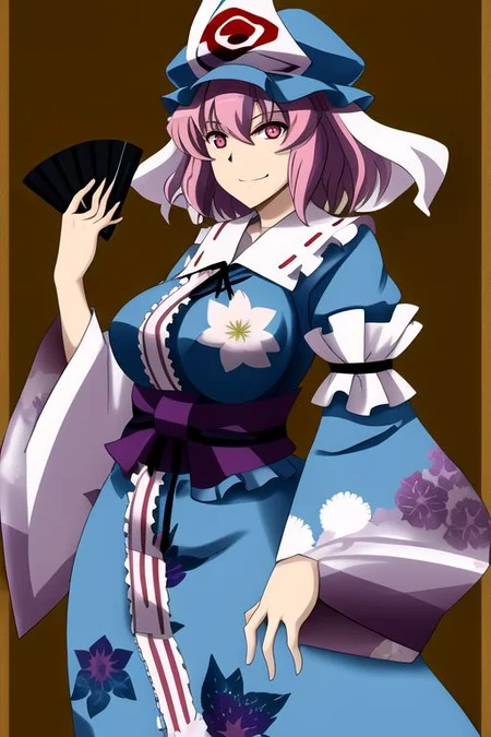 saigyouji yuyuko, 1girl, breasts, floral print, hand fan, hat, holding, holding fan, japanese clothes, large breasts, looking at viewer, mob cap, pink eyes, pink hair, puffy sleeves, smile, solo, traditional media, triangular headpiece, wide sleeves, 
masterpiece, best quality, very aesthetic, absurdres, pixiv, anime coloring