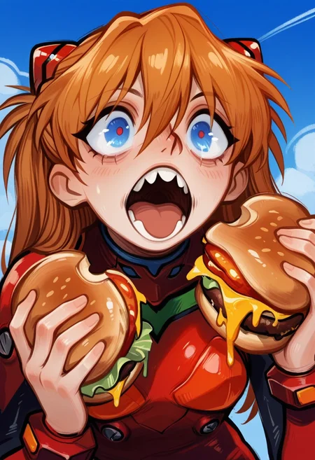 d0p4style, masterpiece, best quality, solo, asuka langley, ginger hair, red uniform, suprised, blue sky, holding burger, mouth wide open, two buck teeth, weird, wide eyes,