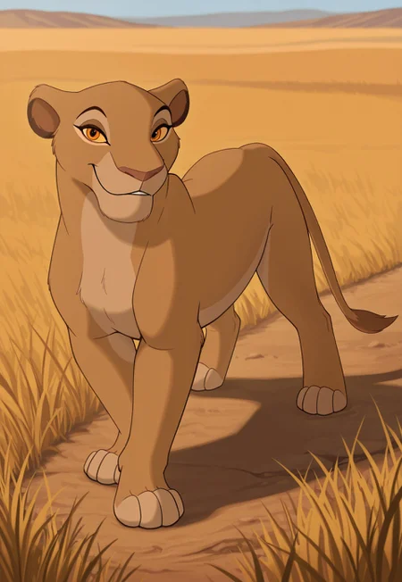 score_9, score_8_up, score_7_up, score_6_up, best quality, highly detailed, detailed fur, detailed background,
Solo, Furry, female, lioness, feral, Sarabi, orange eyes, yellow sclera, tail, smile, posing, looking at viewer, in the savannah,