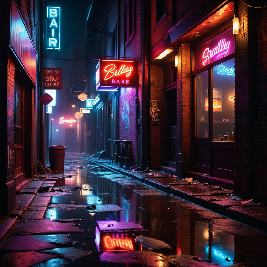 A dark and grimy alleyway behind a dance bar at night, illuminated by dim, flickering neon lights in shades of red and purple. The alley is narrow and lined with aged, graffiti-covered brick walls. Scattered trash and puddles reflecting the dim light create a gritty atmosphere. The scene feels damp and unwelcoming, with faint traces of smoke and steam rising from a nearby vent. Broken glass and discarded items litter the uneven ground. The distant hum of a neon sign and faint sounds of music leaking from the bar add to the urban, moody ambiance of the night.
<lora:SDXLFaeTastic2400:0.4> <lora:extremely_detailed:0.4> extremely detailed, Masterpiece,best quality,hi res,8k,hi res,8k,award winning,(sharp focus, intricate, highly detailed),