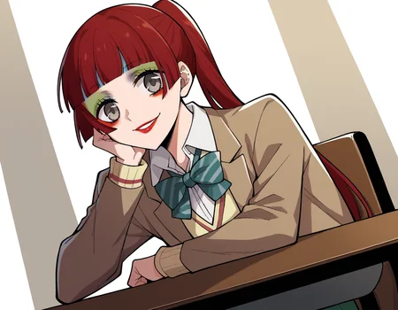 score_9, score_8_up, score_7_up, source_anime, <lora:n-arisugawa-oc-ponyxl-lora-nochekaiser:1>, n-arisugawa, long hair, red hair, bangs, blunt bangs, hime cut, grey eyes,, ponytail, makeup, lipstick, skirt, long sleeves, school uniform, jacket, miniskirt, green skirt, blazer, brown blazer, sweater vest, yellow sweater vest, bowtie, green bowtie, striped bowtie, collared shirt,, indoors, smile, looking at viewer, solo, sitting, head rest, table,, cowboy shot, dutch angle
