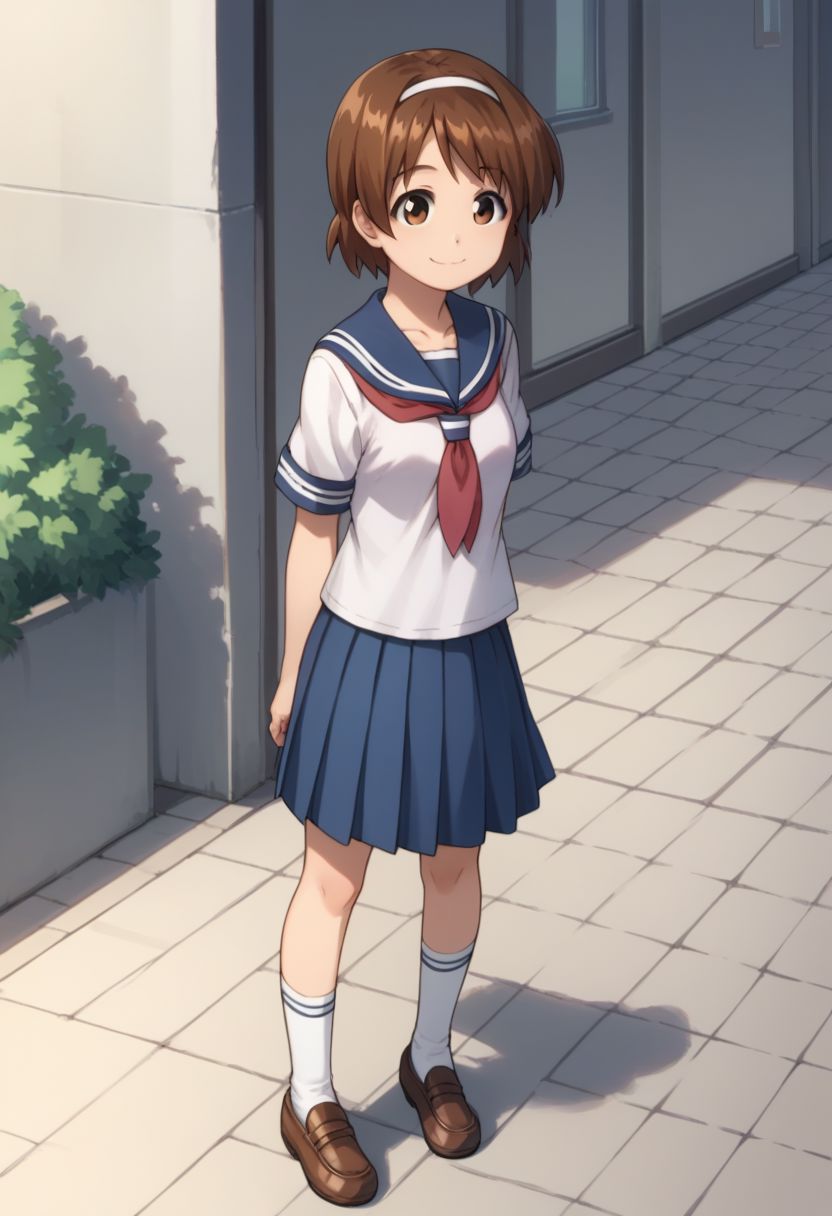 score_9, score_8_up, score_7_up, source_anime, 
sanae, 1girl, solo, brown hair, brown eyes, hairband, short hair, smile, school uniform, serafuku, socks, shoes. stand
outdoor,