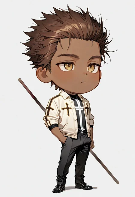 masterpiece, best quality, newest, absurdres, highres, solo,
OC_Dave, brown hair, slicked back hair, spiky hair, brown skin, fullcross undershirt, white polo jacket, rolled up sleeves, open jacket, black trousers, black dress shoes, wooden bo staff,
<lora:IriaStyleIllustriousV1-000005:1> chibi, full body,