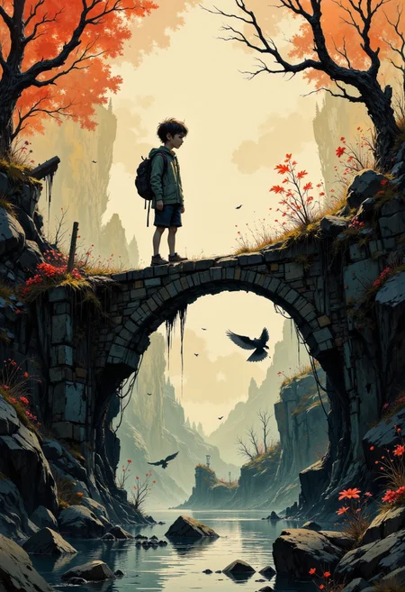 Create a beautifully detailed drawing capturing a fantastical world infused with nostalgia and shadowy intrigue. The style features clean, confident outlines with soft watercolor washes, balancing warmth and accessibility with intricate detail. The palette contrasts muted tones—warm ochres, soft reds, creamy whites—with stark, inky blacks, creating a dramatic interplay of light and shadow that evokes both innocence and mystery. The atmosphere blends vintage children’s book charm with an eerie undertone, as if balanced between reality and a shadowy dreamscape.
Characters should have naturalistic proportions and subtle expressiveness, their features gently exaggerated to reflect curiosity, resilience, or vulnerability. Dynamic shadow puppet figures may emerge in the background, their silhouettes adding to the narrative and reinforcing the duality of light and shadow. The focus will be on a specific subject—Standing on a crumbling stone bridge shrouded in thick, swirling mist, Henry gazes into the abyss below. The inky water ripples with shapes that seem almost alive, their whispers echoing faintly in the still air, sending shivers through the silent gloom—carefully integrated into the scene. The composition is grounded yet surreal, seamlessly merging whimsical simplicity with haunting, thought-provoking detail to invite wonder and introspection.