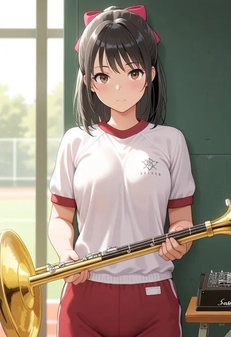 masterpiece,best quality,amazing quality,  sakai masako, black hair, brown eyes, 1girl, solo, gym uniform, bow, hair bow, instrument, shirt, looking at viewer