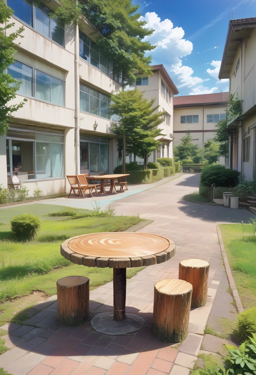score_9, score_8_up, score_7_up, rating_safe, masterpiece, best quality, absurdres, unity 8k wallpaper, official art, official style, source_anime, uncensored, game cg, megami magazine,
nakaniwa, scenery, sky, tree, cloud, outdoors, building, window, blue sky, day, grass, fence, cloudy sky, bush, table, plant, chair
 <lora:gakkou_nakaniwa_PONY_V1:1>