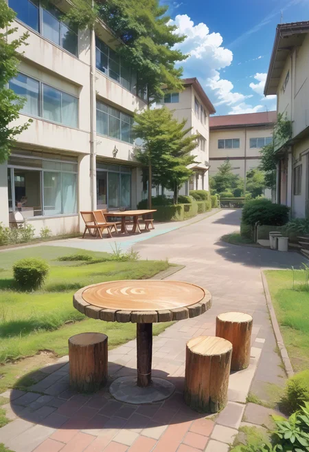 score_9, score_8_up, score_7_up, rating_safe, masterpiece, best quality, absurdres, unity 8k wallpaper, official art, official style, source_anime, uncensored, game cg, megami magazine,
nakaniwa, scenery, sky, tree, cloud, outdoors, building, window, blue sky, day, grass, fence, cloudy sky, bush, table, plant, chair
 <lora:gakkou_nakaniwa_PONY_V1:1>