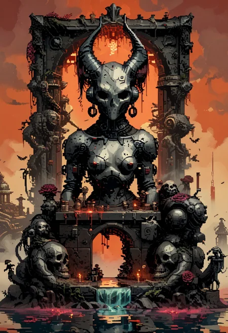 score_9, score_8_up, score_7_up, yamer_pixel_fusion, pixel art,
A modern museum exhibit features a controversial, avant-garde statue of Baphomet. This statue merges classic elements with modern artistic expressions, surrounded by multimedia presentations that explain its significance in contemporary and historical contexts.,
in the style of a vintage, high-contrast setting, capture the essence of a campy and sensual satanic ritual. Emphasize theatrical elements with bursts of bright colors against dark, moody backgrounds
, retro futuristic, atompunk, hyper-detailed, dark fantasy, lofi, d3p1x3l, pixel art