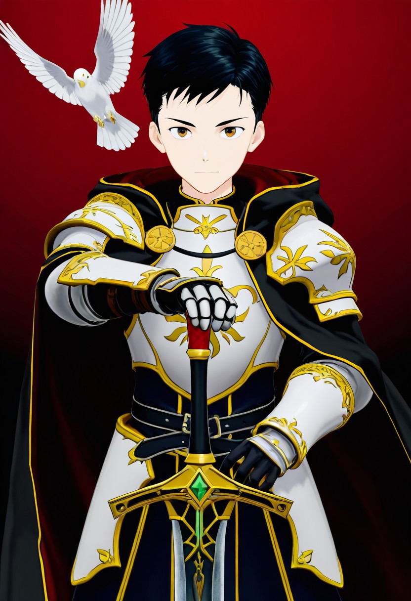 harmard, black hair, short hair, brown eyes, 1boy, solo, solo focus, young, youthful, he is dressed in a suit of dark iron platemail. Break. his right hand is holding up a black coloured sword, Properly holding the sword by the hilt, right hand up, brandishing a sword, his armour bears a crest of a yellow dove. fantasy armour. stylized silver dove emblems and symbols on armour and sheild. Break. epic background is a a beautiful palace. a strong wind is blowing his cape, white coloured armour, ready to fight pose, dawn sky in the background