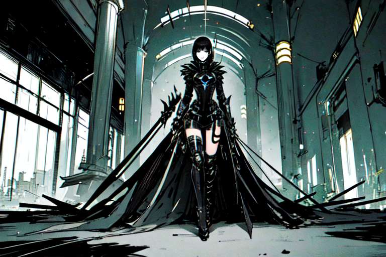 highly insanely detailed, masterpiece, top quality, best quality, highres, 4k, 8k, RAW photo, (very aesthetic, beautiful and aesthetic),  
tsutomu nihei,nihei_tsutomu,blame!,blame gakuen!,abara,TNstyle,sidonia_no_kishi,bridge,letterboxed,flock,dystopia,destroyed,no human,open space,decrepit,cyberpunk,blm,vast scenery,perspective,dark background,futuristic,science fiction, 
<lora:ABARA:0.7>, 
(1girl:1.3), 
solo focus, 
Solarium,Serene room with glass walls offering panoramic views of the Nile,potted palms adding a touch of greenery,mosaic tiles depicting aquatic scenes underfoot,chaise lounges draped in silk throws,and golden sconces illuminating the space,a colorful background,(color fusion background,color stripes background),âââ