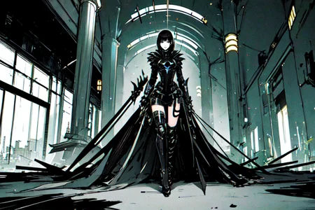 highly insanely detailed, masterpiece, top quality, best quality, highres, 4k, 8k, RAW photo, (very aesthetic, beautiful and aesthetic),
tsutomu nihei,nihei_tsutomu,blame!,blame gakuen!,abara,TNstyle,sidonia_no_kishi,bridge,letterboxed,flock,dystopia,destroyed,no human,open space,decrepit,cyberpunk,blm,vast scenery,perspective,dark background,futuristic,science fiction,
<lora:ABARA:0.7>,
(1girl:1.3),
solo focus,
Solarium,Serene room with glass walls offering panoramic views of the Nile,potted palms adding a touch of greenery,mosaic tiles depicting aquatic scenes underfoot,chaise lounges draped in silk throws,and golden sconces illuminating the space,a colorful background,(color fusion background,color stripes background),âââ