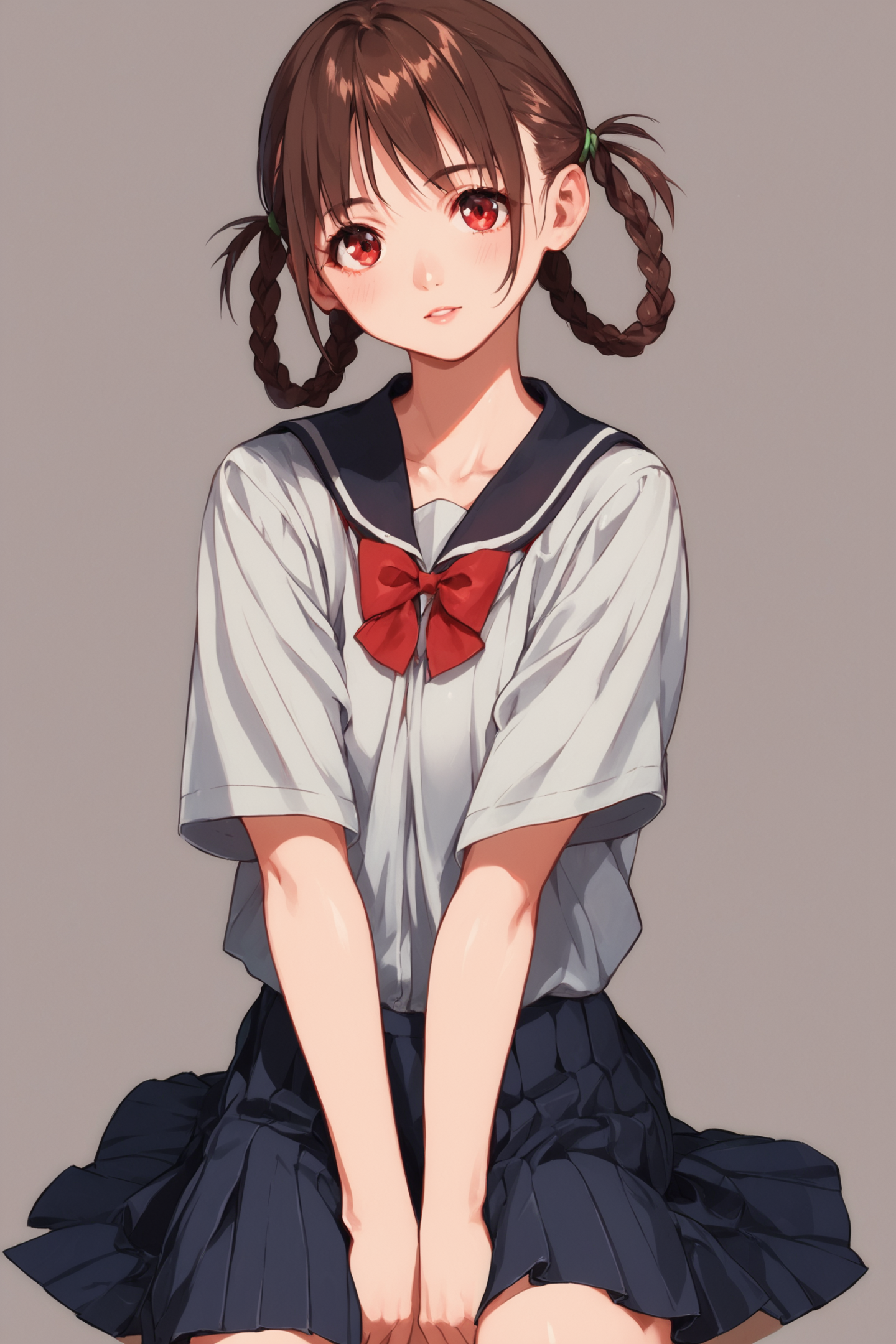 Sawa,school uniform,braid,brown hair,skirt,1girl,red eyes,red bow,braided hair rings,green ribbon,solo,pleated skirt,v arms,twin braids,looking at viewer,hair rings,score_9,score_8_up,<lora:Yasuomi Umetsu_XL_PONY:0.8>,