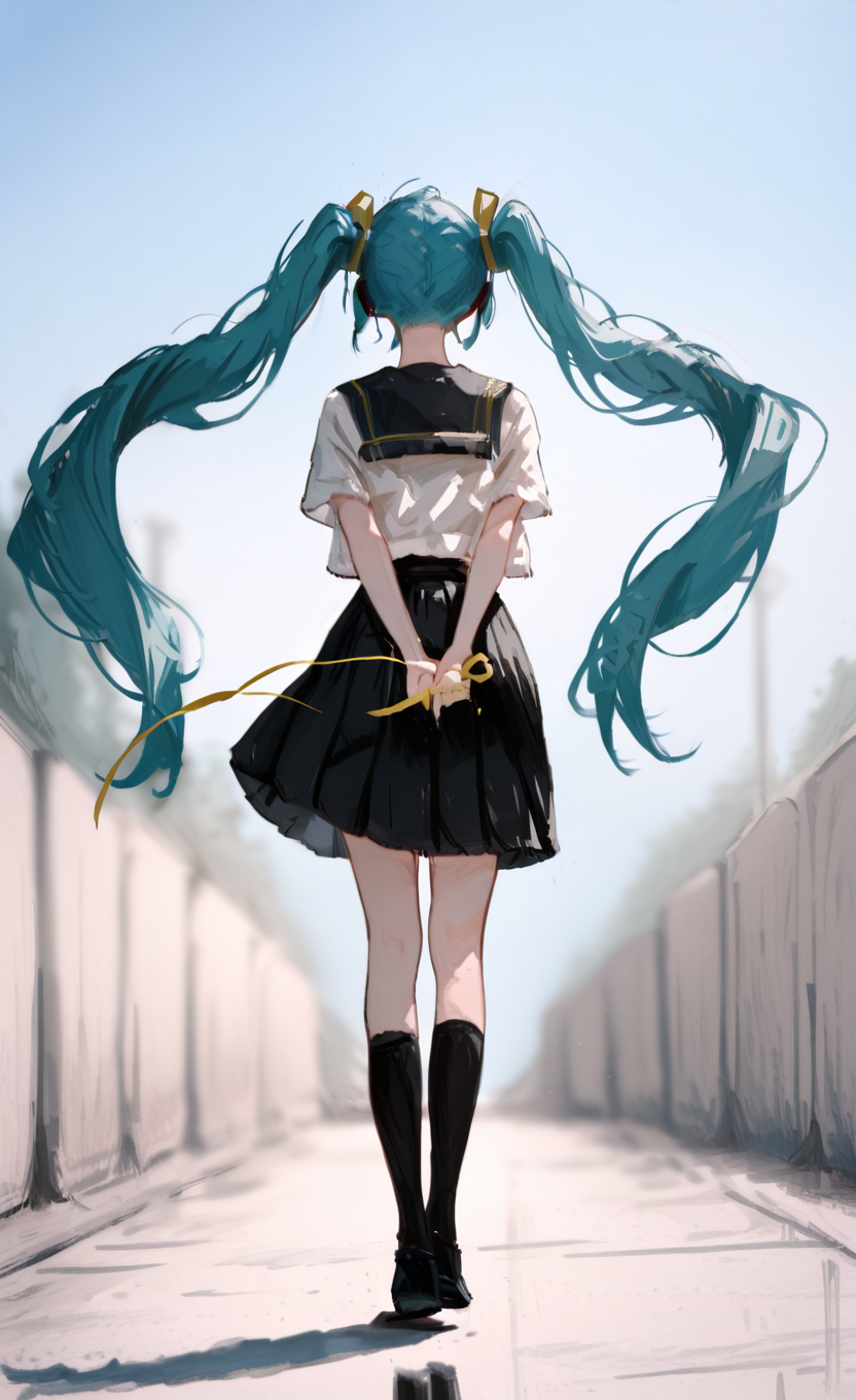 masterpiece, best quality, good quality, very awa, newest, highres, absurdres, hatsune miku, 1girl,very long hair, shirt, pleated skirt,Short skirt, ribbon, twintails, blue hair, school uniform, white shirt, full body, short sleeves, outdoors, sky, shoes, socks, day, serafuku, black skirt, sailor collar, black footwear, from behind, blurry, blue sky, floating hair, aqua hair, arms behind back, black socks, (wind:1.2), walking, yellow ribbon, facing away, holding ribbon, Ethereal Brushstroke,
pikus0n_style,sketch,bbmasa <lora:illustriousXL_stabilizer_v1.23:0.3> <lora:NOOB_vp1_detailer_by_volnovik_v1:0.3> <lora:ponyv6_noobE11_2_adamW-000017:0.45> <lora:Illustrious:0.15> <lora:Bbmasa_IL:0.8> <lora:pikus0n_illu:1>