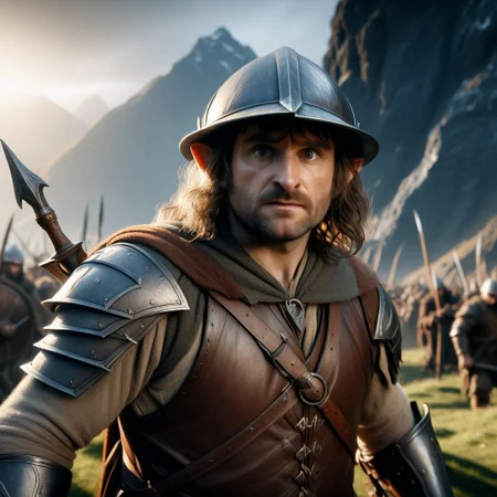 cinematic, shadowofwarstyle, cinematic angle, portrait of a hobbit, wearing a helmet and armor, preparing to go to war, high quality, 4k,