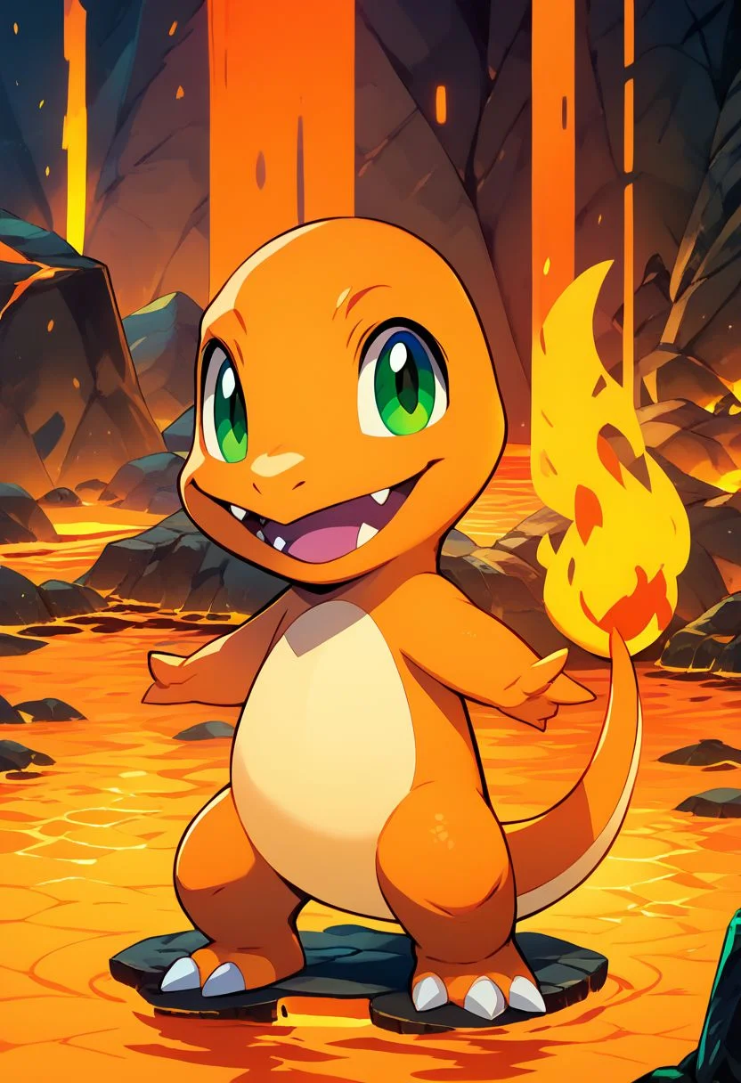 score_9, score_8_up, score_7_up, vivid bright colors,
zzCharmander, looking at viewer, smile, open mouth, standing, full body, lava, rocks, outdoors, green eyes, happy,