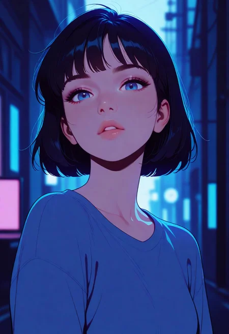 HDR, 8K, high contrast, masterpiece, best quality, amazing quality, very aesthetic, retro artstyle, realistic, promotional art, newest, volumetric lighting, 
(artist:incase:0.5), (artist:tsuaii:0.5),  (flat colors:2), haiz_ai, no lineart, no outline, 
1girl, portrait, looking at viewer, dark hair, blue eyes, parted lips, model pose, 
blurry background,