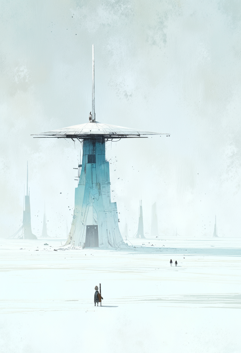 A minimalistic artwork portrays an otherworldly spaceport, built with sleek, geometric shapes and sharp angles. Color palette is restrained yet engaging, with cool blues and whites accentuating the pristine beauty of this futuristic setting. Spaceships hover gracefully amidst negative space, their silhouettes elongated against the endless backdrop of stars. Simple lines convey movement and depth, while dark shadows hint at a vast cosmic landscape beyond the frame. This work invites the viewer to ponder the quiet elegance of clean design and abstract simplicity within the realm of space exploration. ,<lora:flux/fav/pp-storybook_rank2_bf16.safetensors:1.0:1.0>