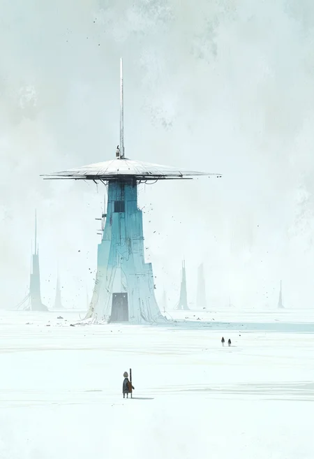 A minimalistic artwork portrays an otherworldly spaceport, built with sleek, geometric shapes and sharp angles. Color palette is restrained yet engaging, with cool blues and whites accentuating the pristine beauty of this futuristic setting. Spaceships hover gracefully amidst negative space, their silhouettes elongated against the endless backdrop of stars. Simple lines convey movement and depth, while dark shadows hint at a vast cosmic landscape beyond the frame. This work invites the viewer to ponder the quiet elegance of clean design and abstract simplicity within the realm of space exploration. ,<lora:flux/fav/pp-storybook_rank2_bf16.safetensors:1.0:1.0>